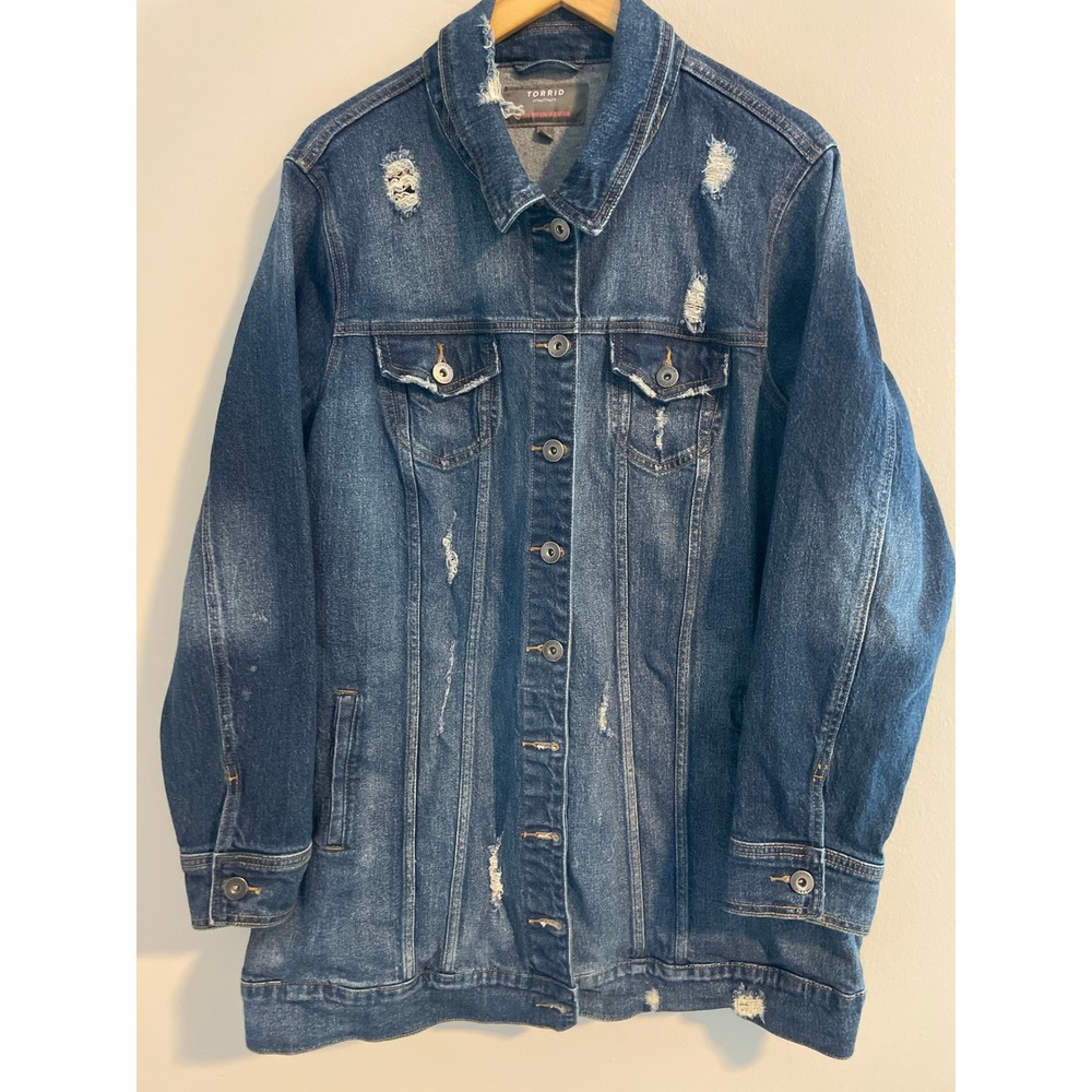 Torrid Womens Plus Size 3 Medium Wash Distressed Longline Denim Trucker Jacket
